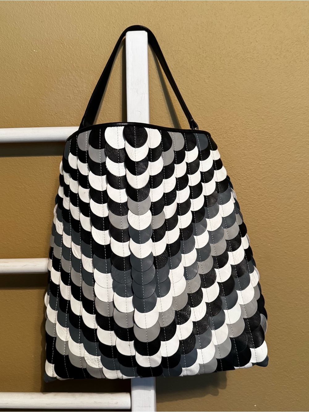 Gianni Conti Genuine Leather Patchwork Tote Bag Black White Gray Scallop Purse - Picture 3 of 10